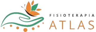 Un logotipo para atlas fisioterapia con una mano sosteniendo una flor y una mariposa.