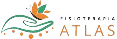 Un logotipo para atlas fisioterapia con una mano sosteniendo una flor y una mariposa.