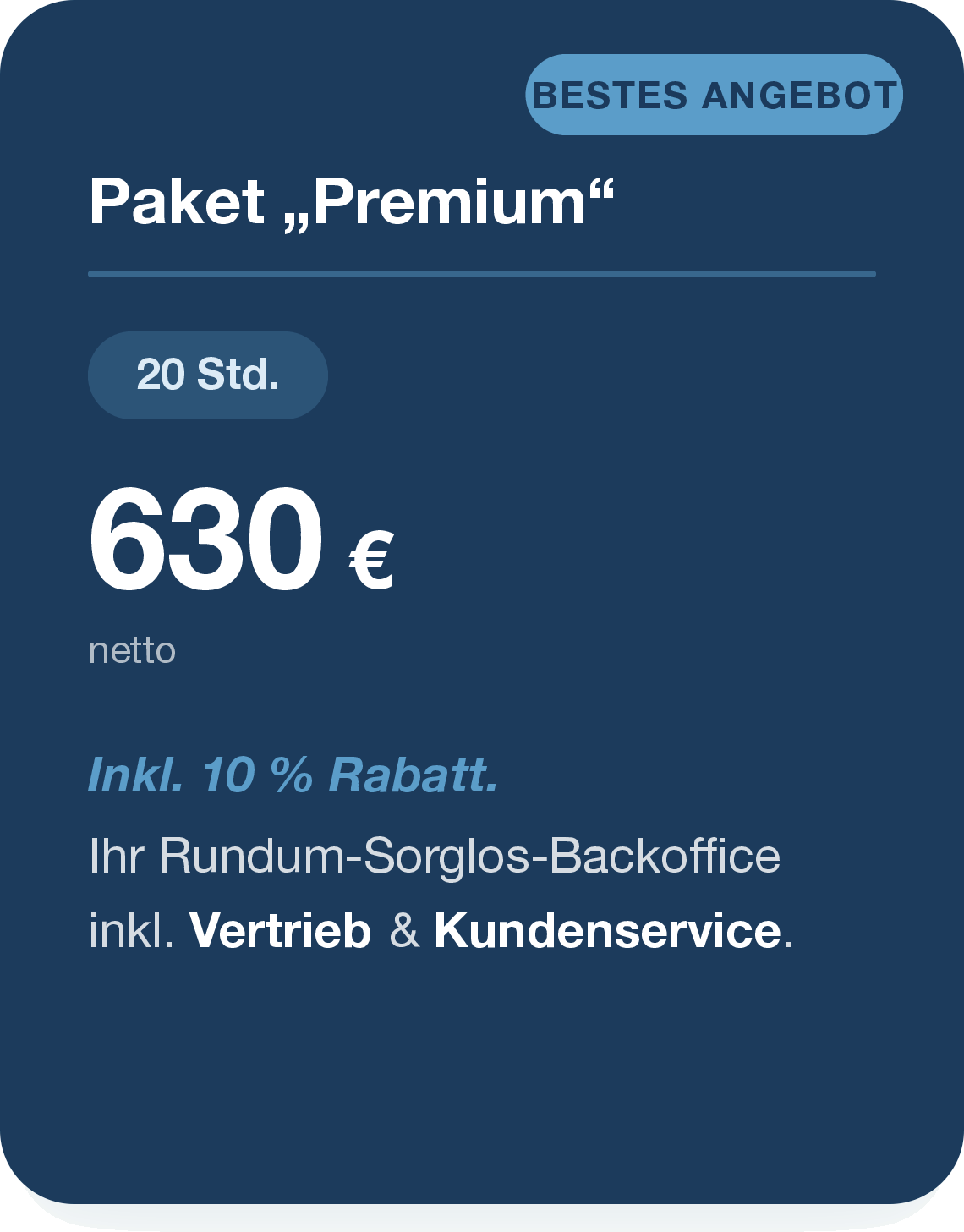 Angebotstafel für Paket „Premium“: 20 Std., 900,00 € netto, inkl. 10 % Rabatt, blaues Design.