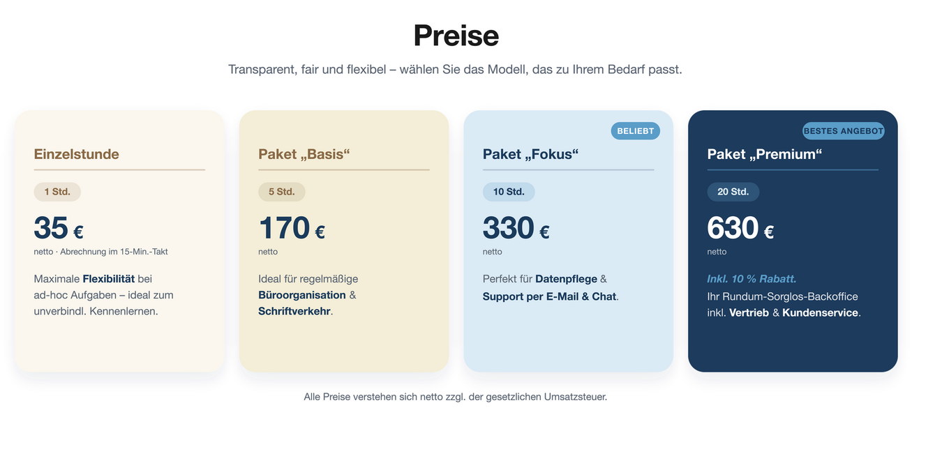 Deutsche Preistabelle mit vier farbigen Tarifkarten, von der günstigen weißen Option bis zur dunkelblauen Premium-Option.