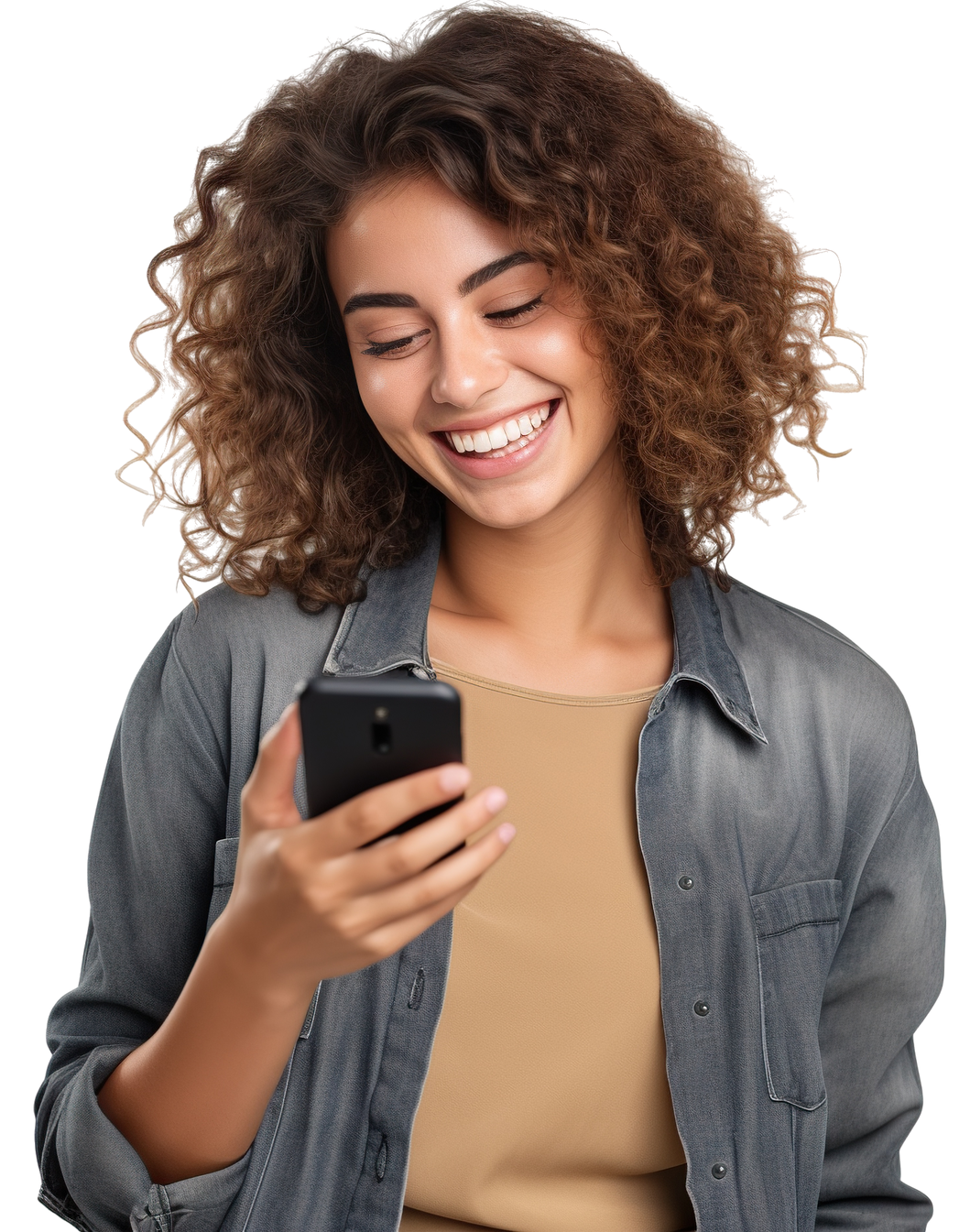 Jeune femme souriante regardant l'écran de son téléphone portable qu'elle tient à la main