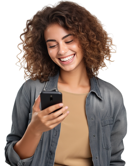 Jeune femme souriante regardant l'écran de son téléphone portable qu'elle tient à la main