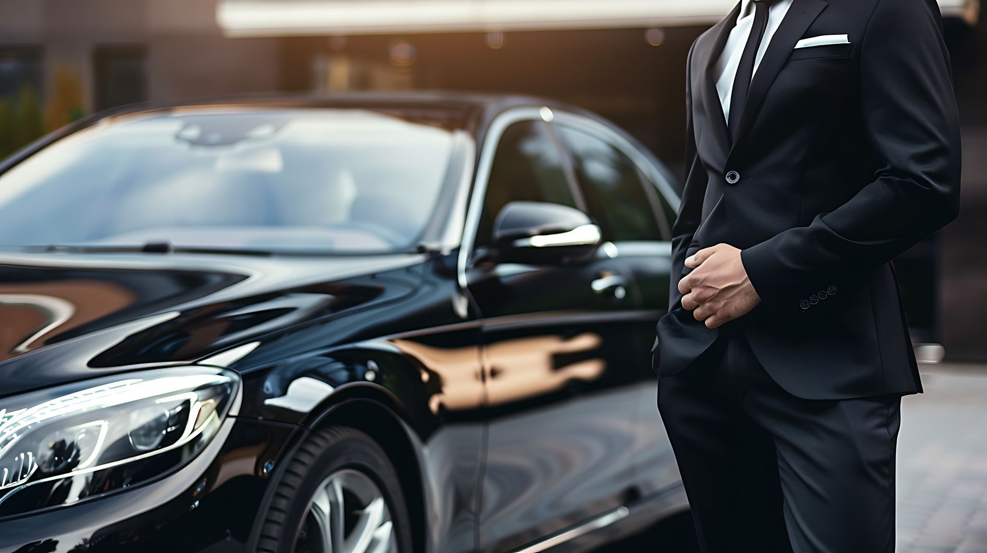 Une personne en costume noir se tient à côté d'une voiture de luxe noire garée.