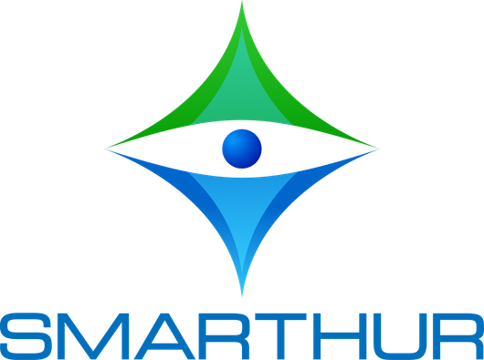 Un logotipo azul y verde para smarthur con un ojo en el medio