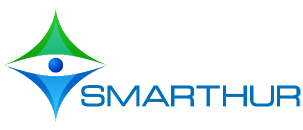 Un logotipo azul y verde para smarthur con un ojo en el medio