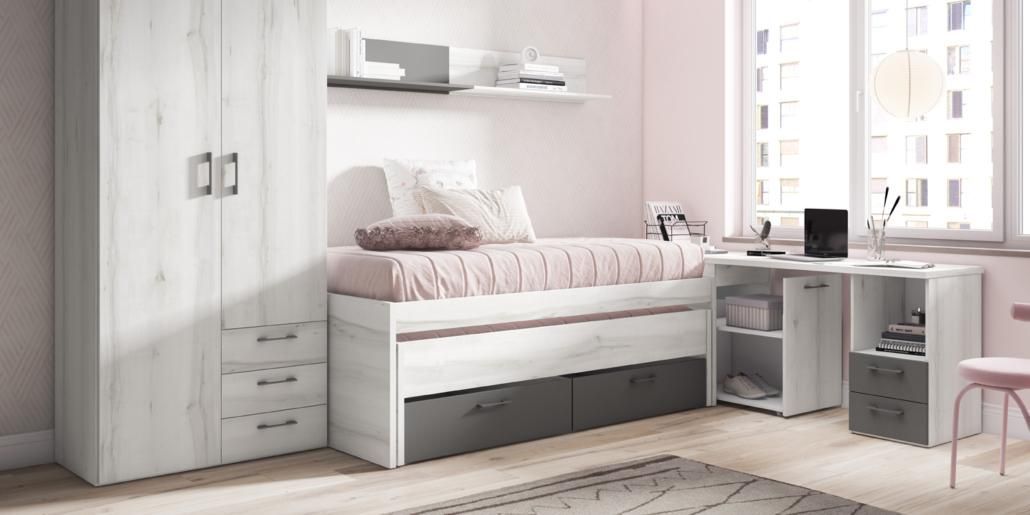 Conjunto de muebles de dormitorio: armario blanco, cama con cajones grises, escritorio y ventana.