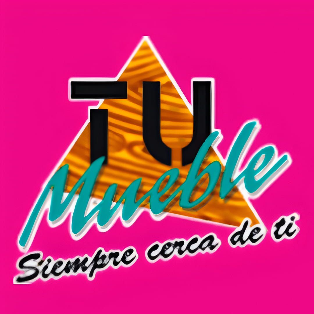 Logotipo para tienda de muebles "Tu Mueble" con fondo rosa y texto turquesa.