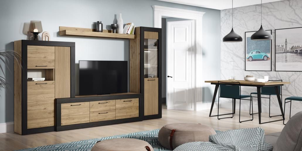 Conjunto de muebles de sala con centro de entretenimiento y comedor.