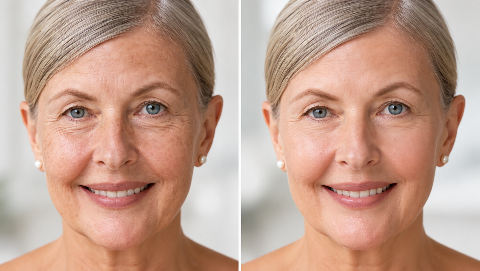 Comparación facial de una mujer, lado a lado, del antes y el después, con la piel más tersa a la derecha