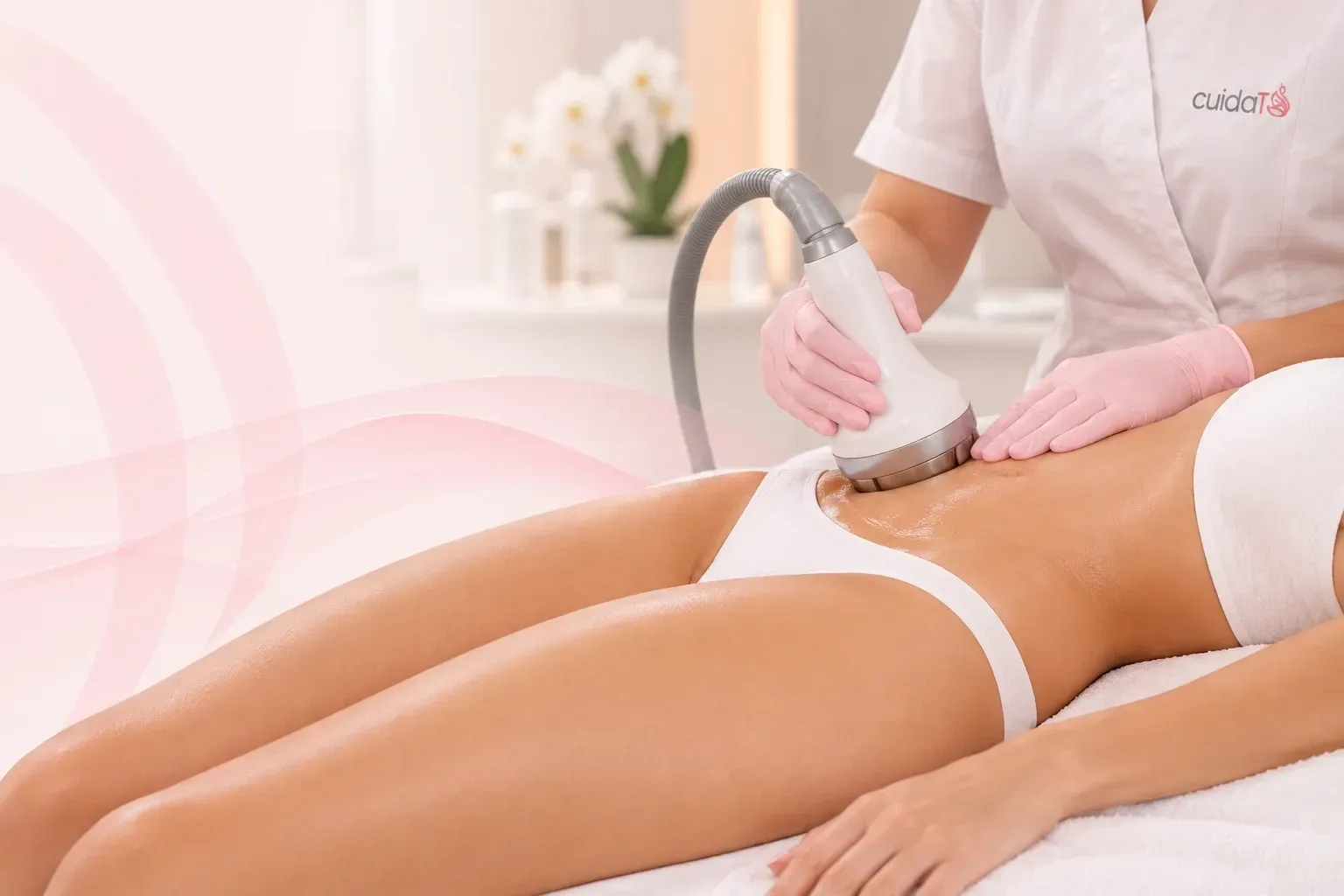 Una especialista de spa realiza un tratamiento corporal con un dispositivo portátil 
