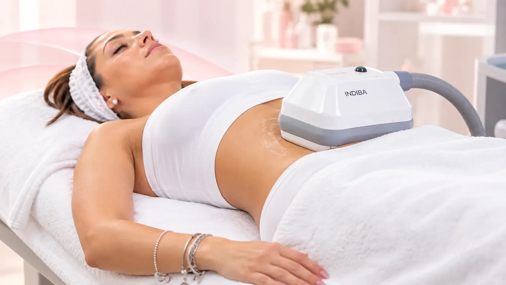 Mujer tumbada en una cama con un dispositivo de ultrasonido sobre el abdomen descubierto, en una habitación luminosa