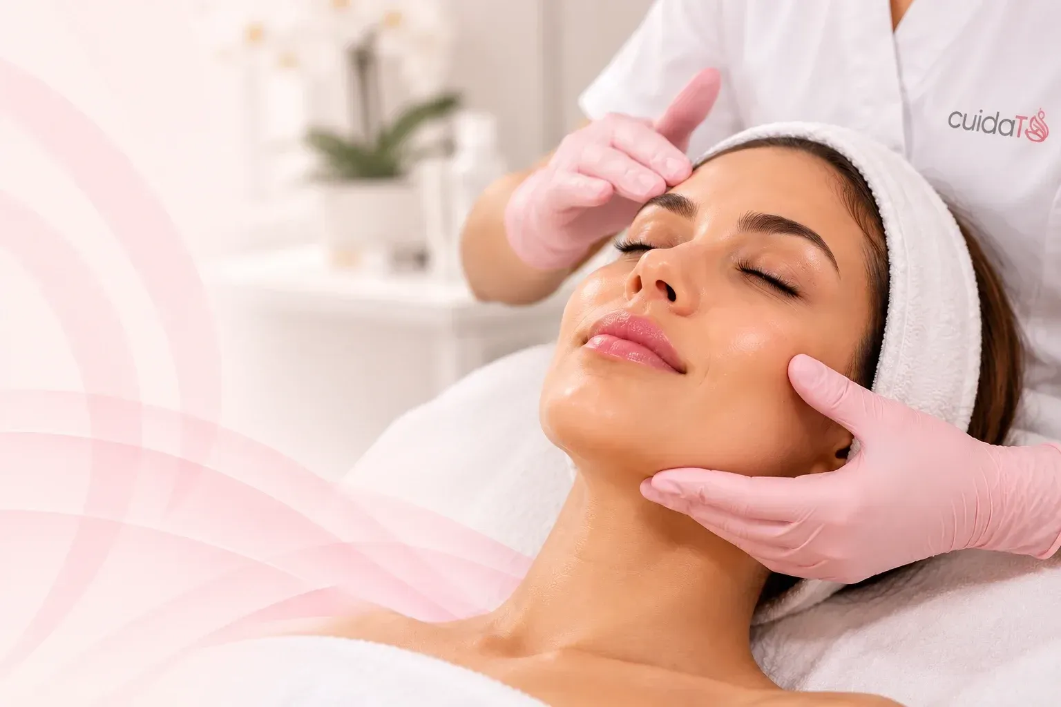 Tratamiento facial en un spa, con unas manos enguantadas de color rosa que masajean suavemente el rostro de una mujer