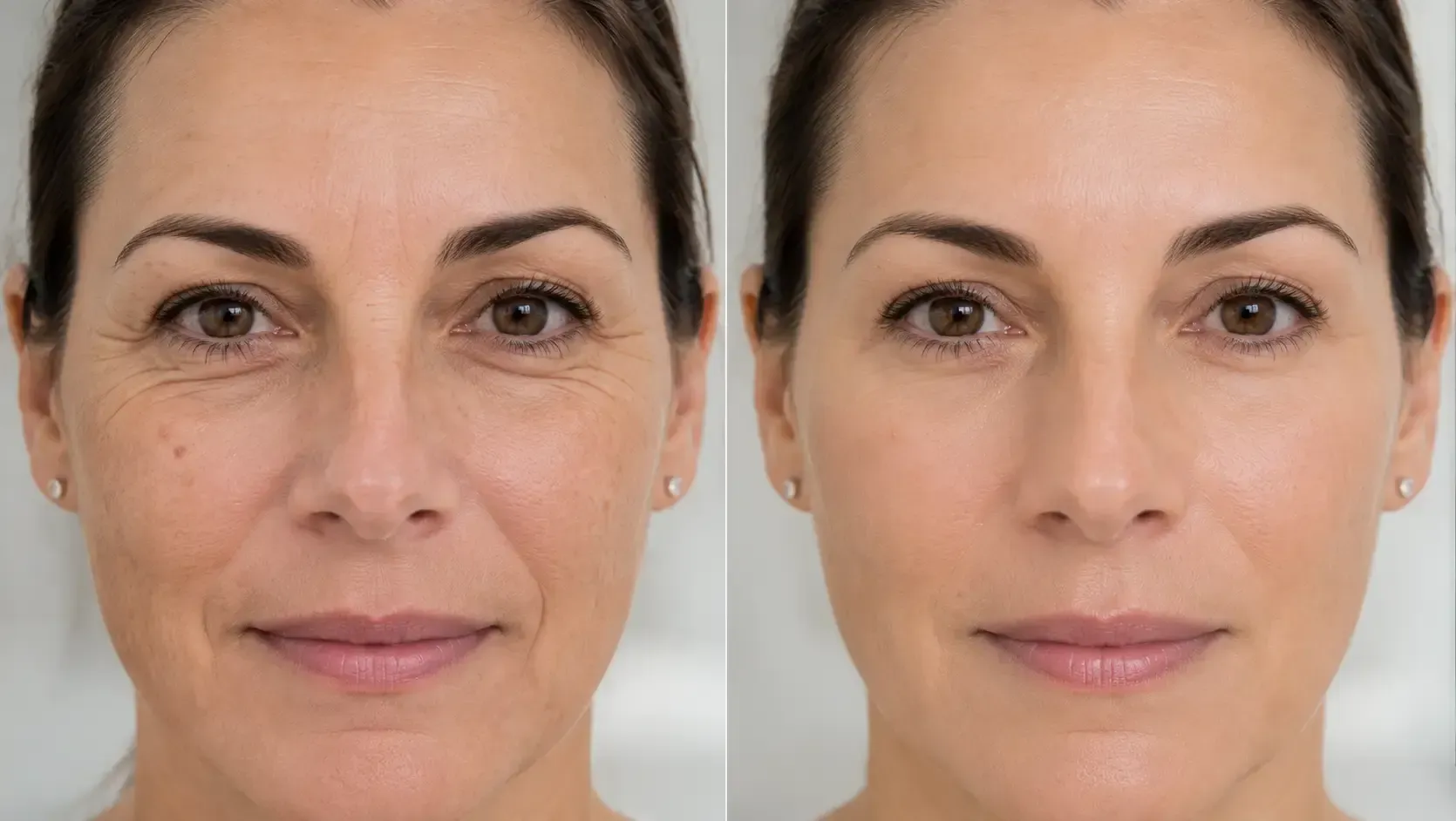 Comparación facial lado a lado que muestra menos arrugas y una piel más tersa en el lado derecho.