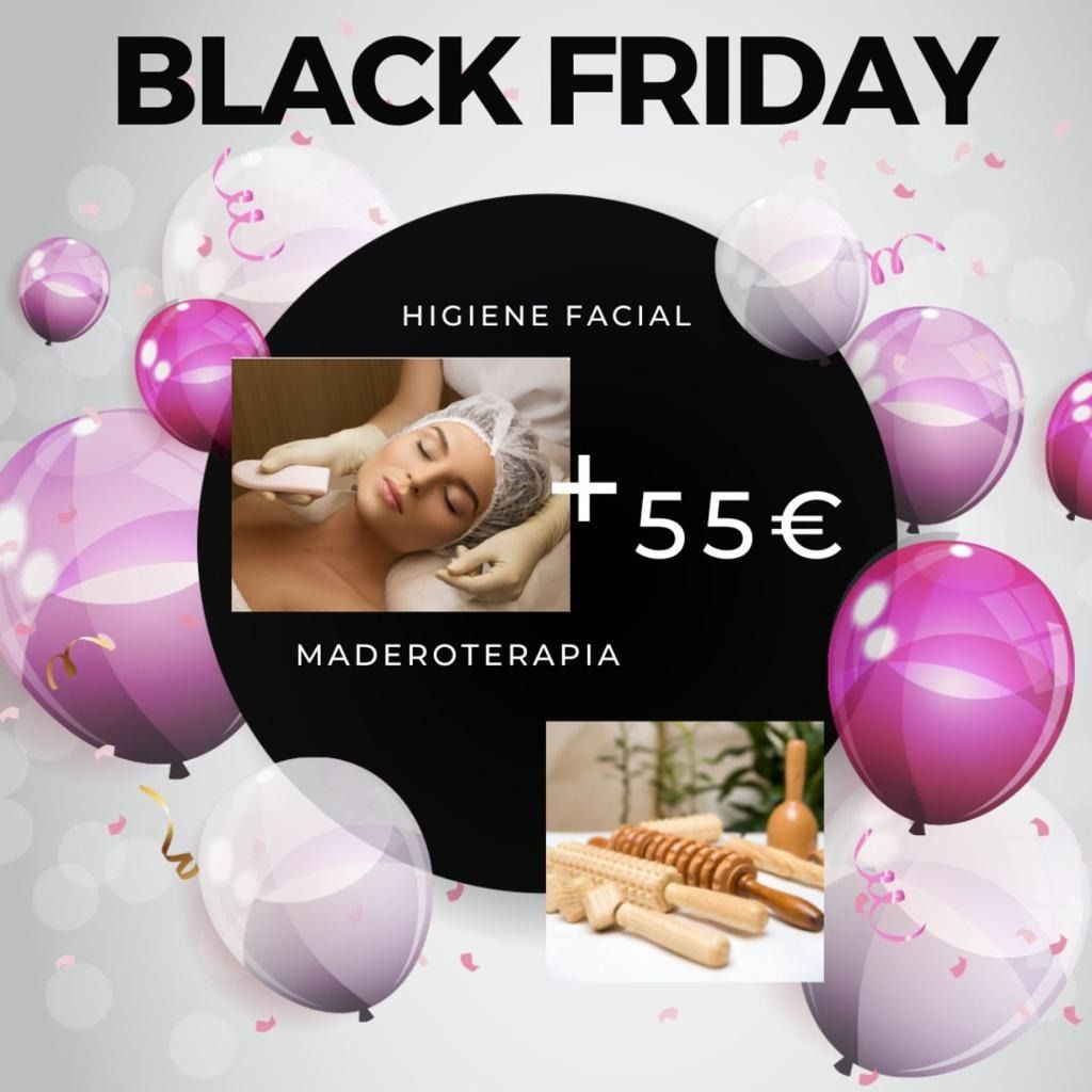 Un anuncio de Black Friday con globos y una mujer recibiendo un masaje.