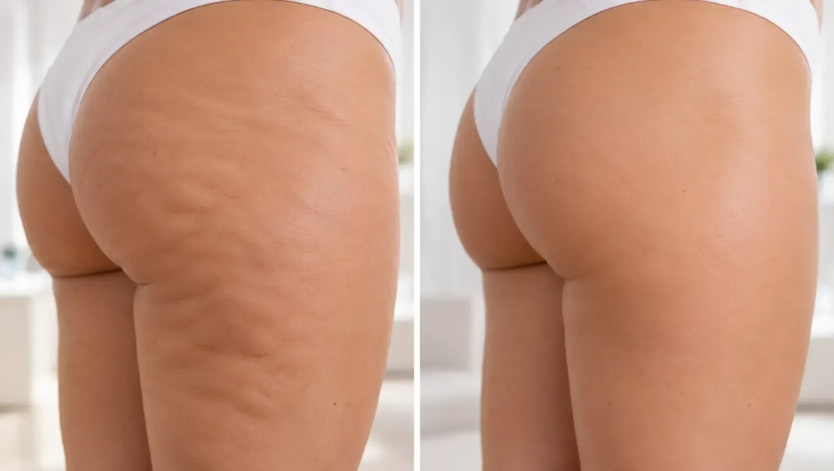 Primer plano lado a lado de la cadera y el muslo para comparar el aspecto de la celulitis antes y después