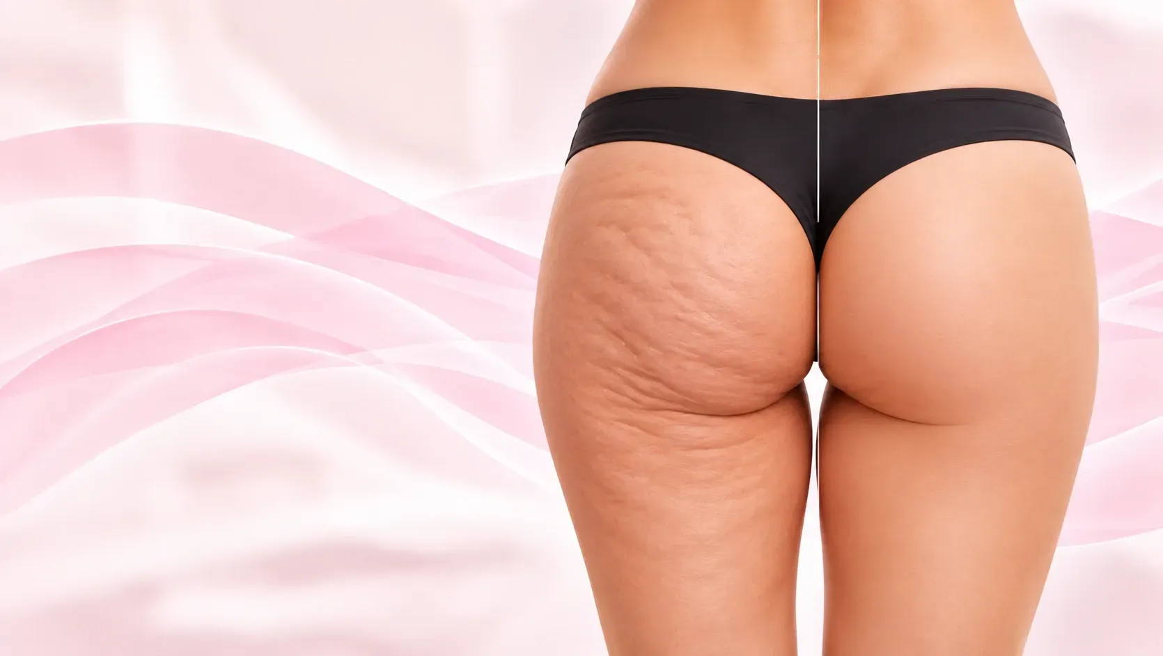 Primer plano de la parte inferior del cuerpo de una persona con ropa interior negra sobre un fondo abstracto rosa