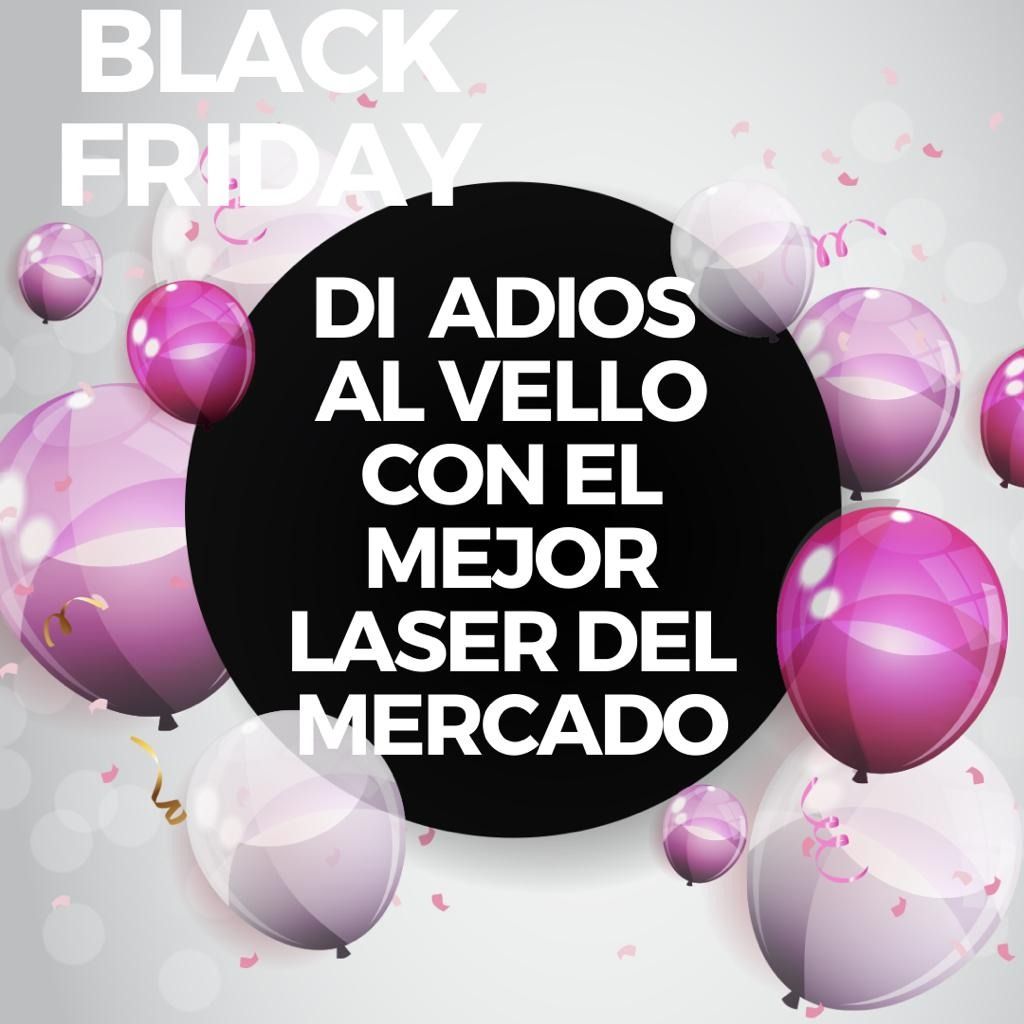 Un cartel del Viernes Negro con globos rosas y confeti.