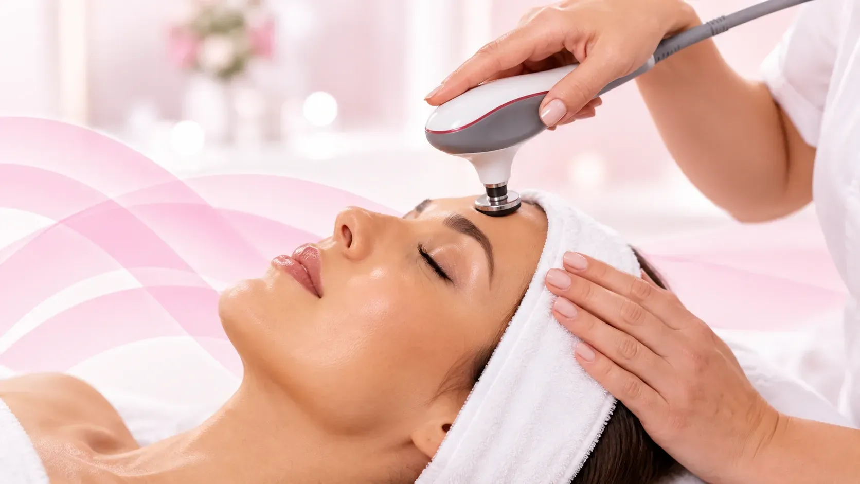 Tratamiento facial con un dispositivo portátil a una mujer recostada, con una toalla en la cabeza, en un spa