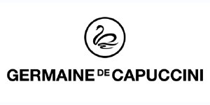 Un logotipo en blanco y negro para Germaine de Capuccini con un cisne en un círculo.