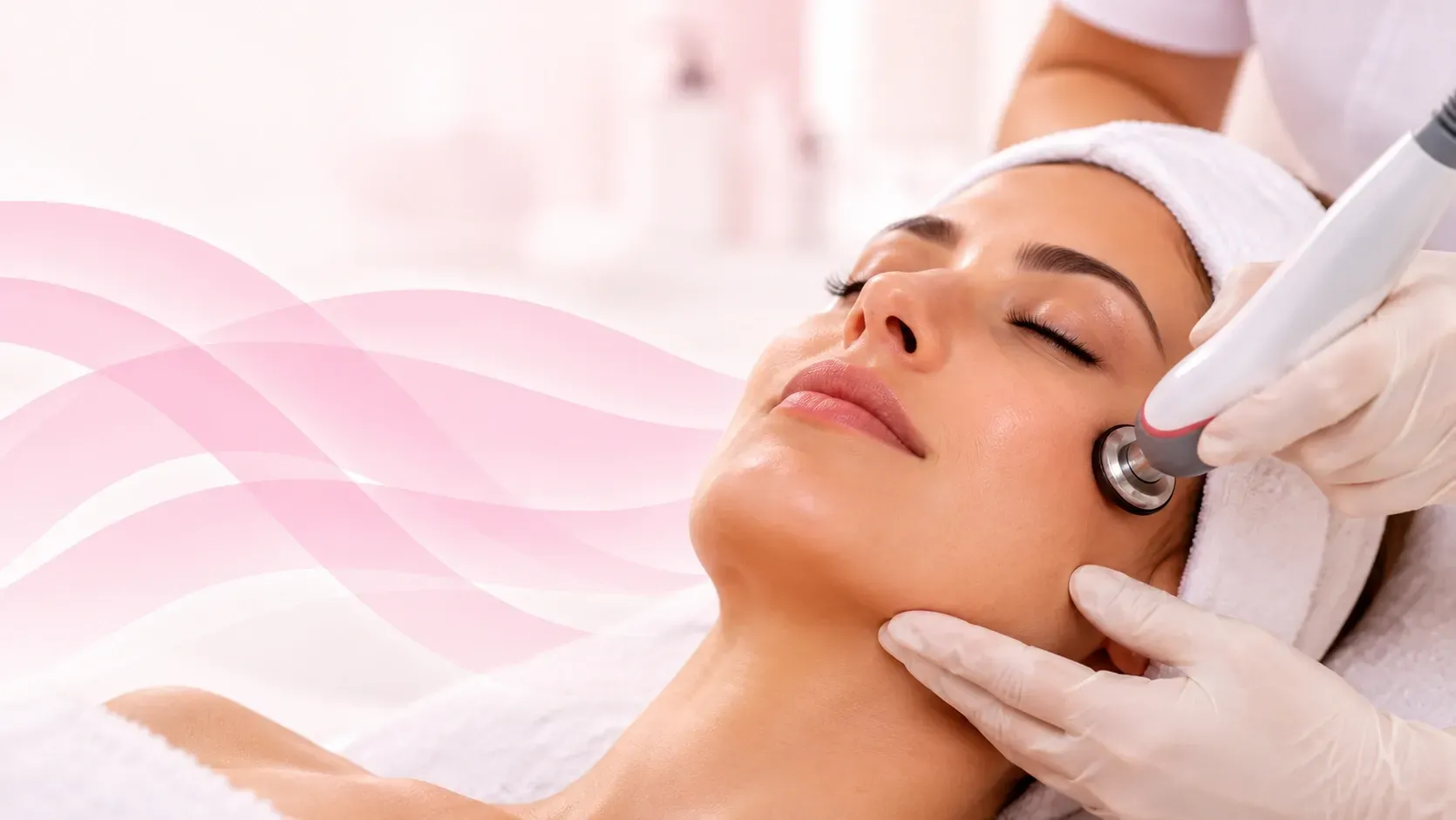 Tratamiento facial en un spa, con una mujer a la que le aplican un dispositivo de cuidado de la piel en la mejilla