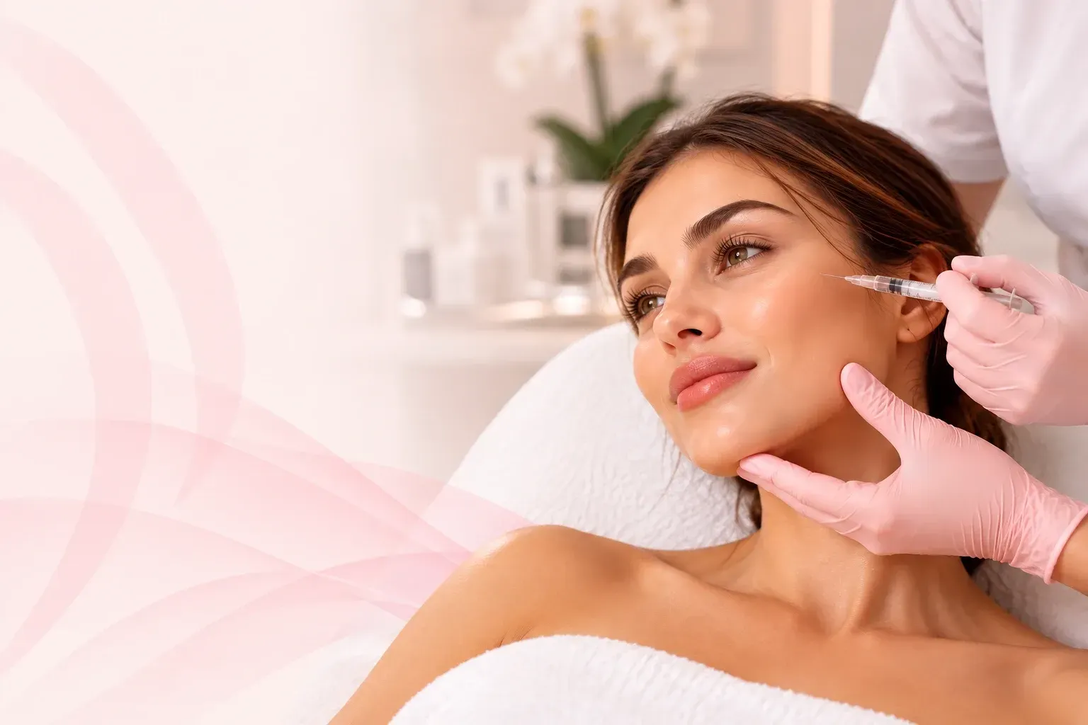 Mujer recibiendo un tratamiento facial en un spa mientras una esteticista con guantes le aplica un producto