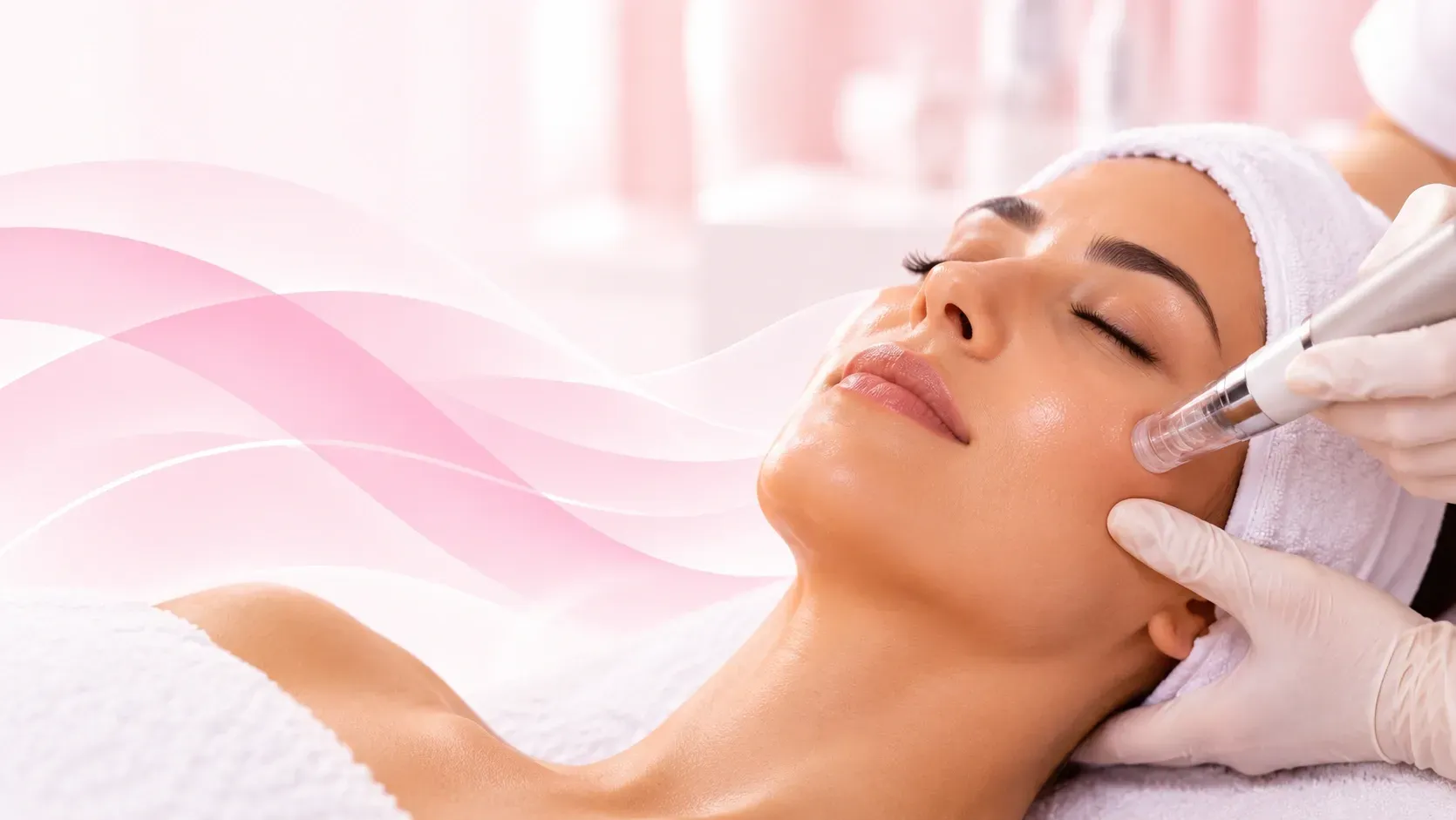 Mujer recibiendo un tratamiento facial con un dispositivo de mano, tumbada en una camilla de spa con los ojos cerrados