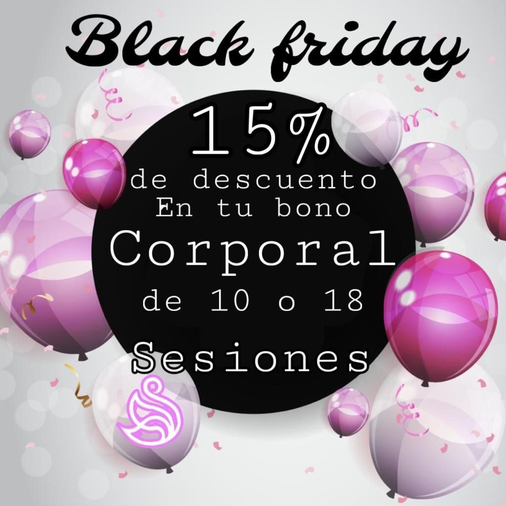 Un anuncio de Black Friday con globos rosas y confeti.