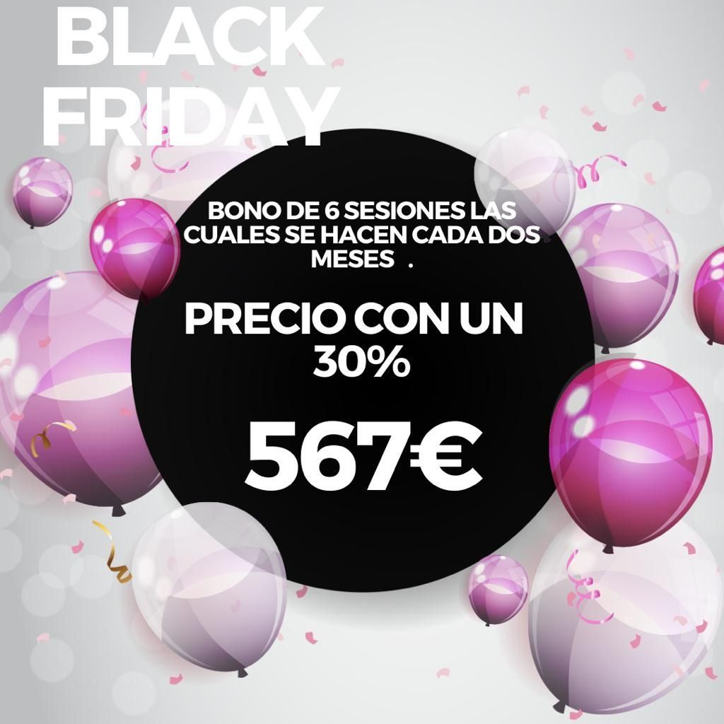 Un cartel del Viernes Negro con globos rosas y confeti.