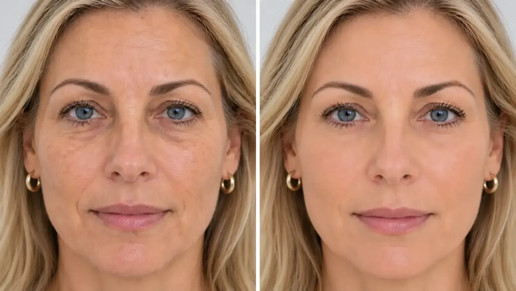 Dos retratos lado a lado de la misma mujer, que muestran una comparación del retoque facial antes y después