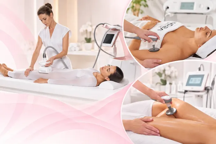 Sala de tratamientos de spa con un cliente recibiendo un masaje de remodelación corporal y terapia de ultrasonido.