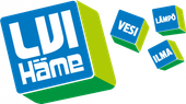 LVI Häme logo sinisin ja vihrein kuutioin Vesi, Lämpö ja Ilma
