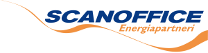 SCANOFFICE Energiapartnerin logo sinisenä ja oranssina, jossa on kaareva oranssi viiva valkoisella taustalla