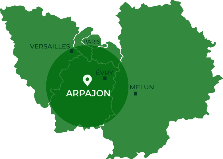 Carte de la région Île-de-France, avec Arpajon mis en évidence dans un cercle vert, près de Paris, Versailles, Évry et Melun.