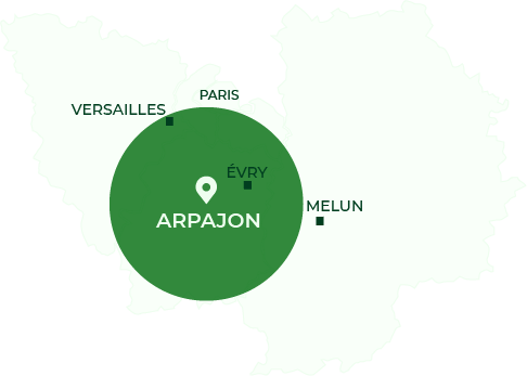 Carte centrée sur Arpajon, entourée de Paris, Versailles, Évry et Melun. Un cercle vert met en évidence Arpajon.
