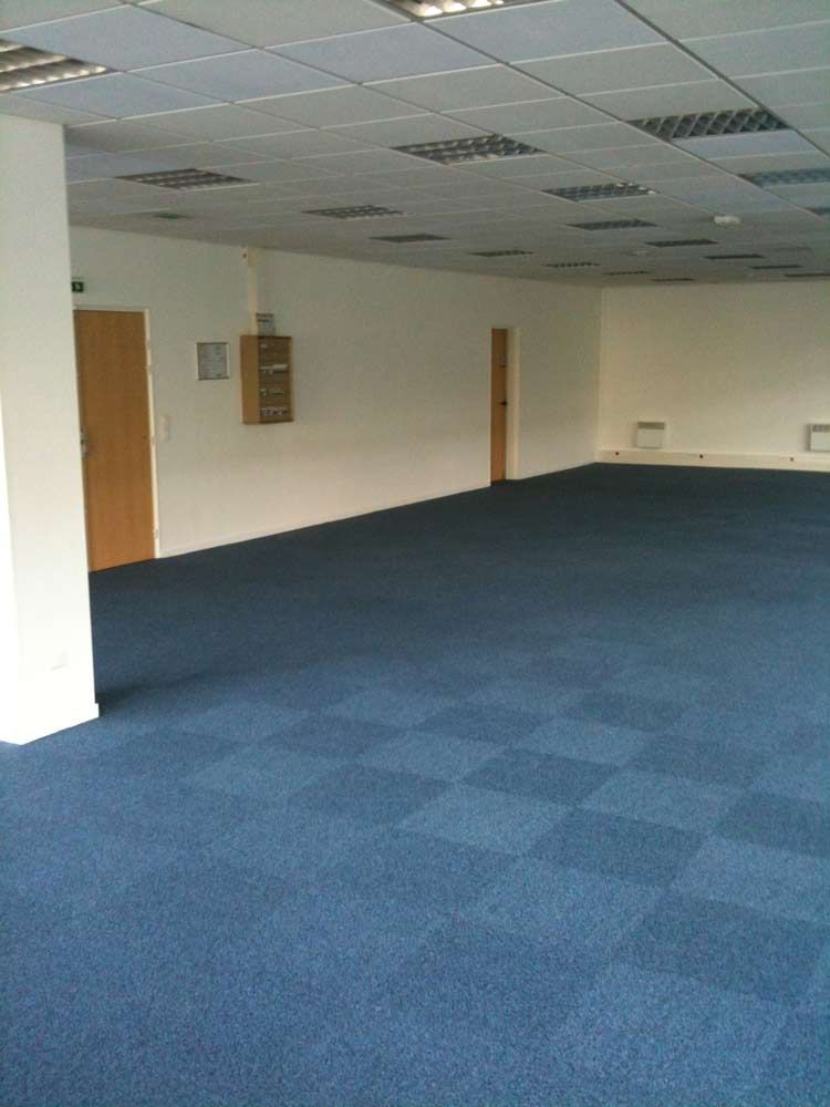Espace de bureau vide avec moquette à carreaux bleus, murs blancs et faux plafond.