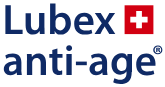 Il logo di lubex anti-age è blu e rosso con una croce svizzera.