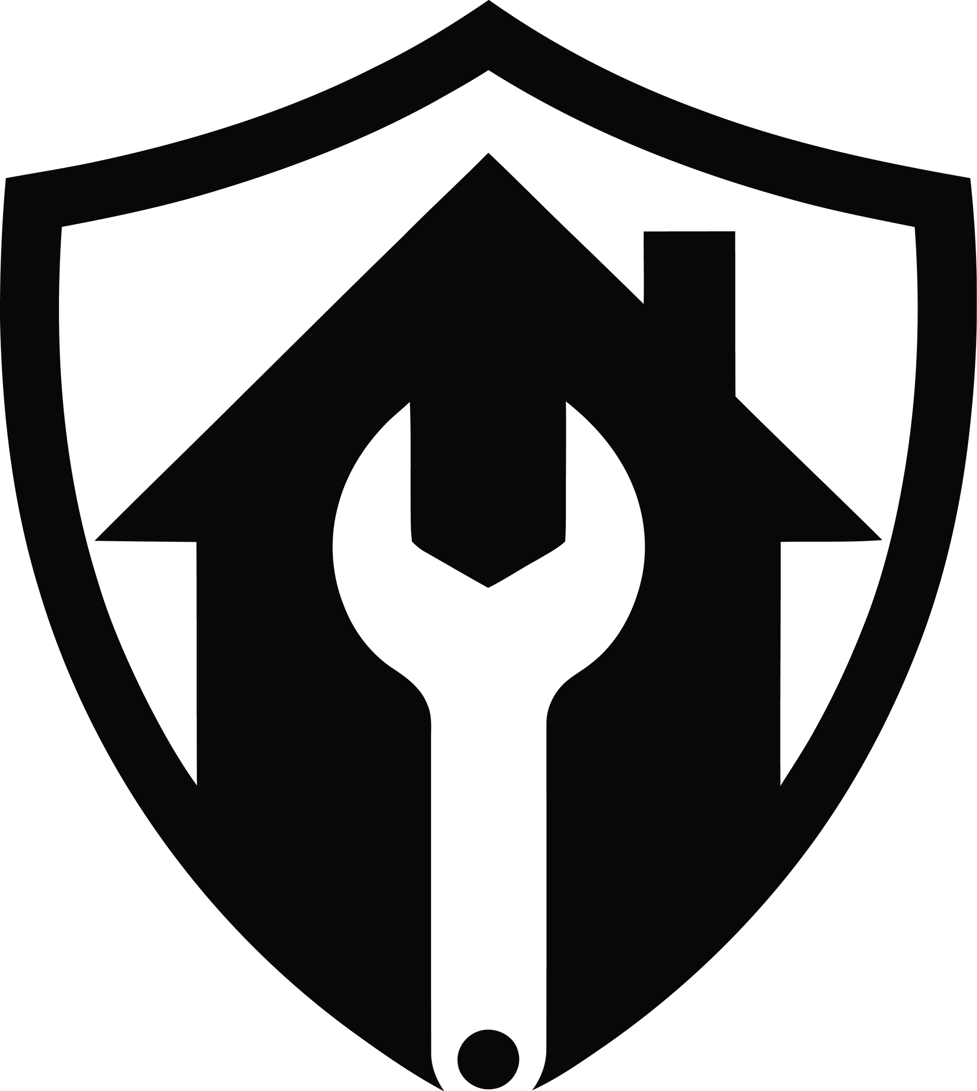 Bouclier en noir et blanc contenant une silhouette de maison stylisée et une clé à molette centrée.