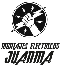 Un logotipo en blanco y negro para montajes electricos juanita con una mano sosteniendo un rayo.