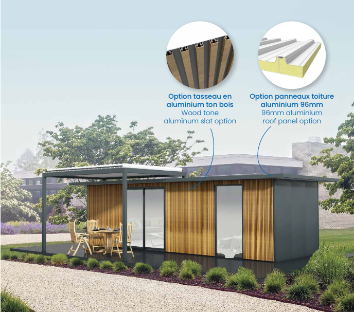 Bâtiment moderne avec bardage en bois et gris, pergola en aluminium et panneaux de toiture en option, situé dans une cour.
