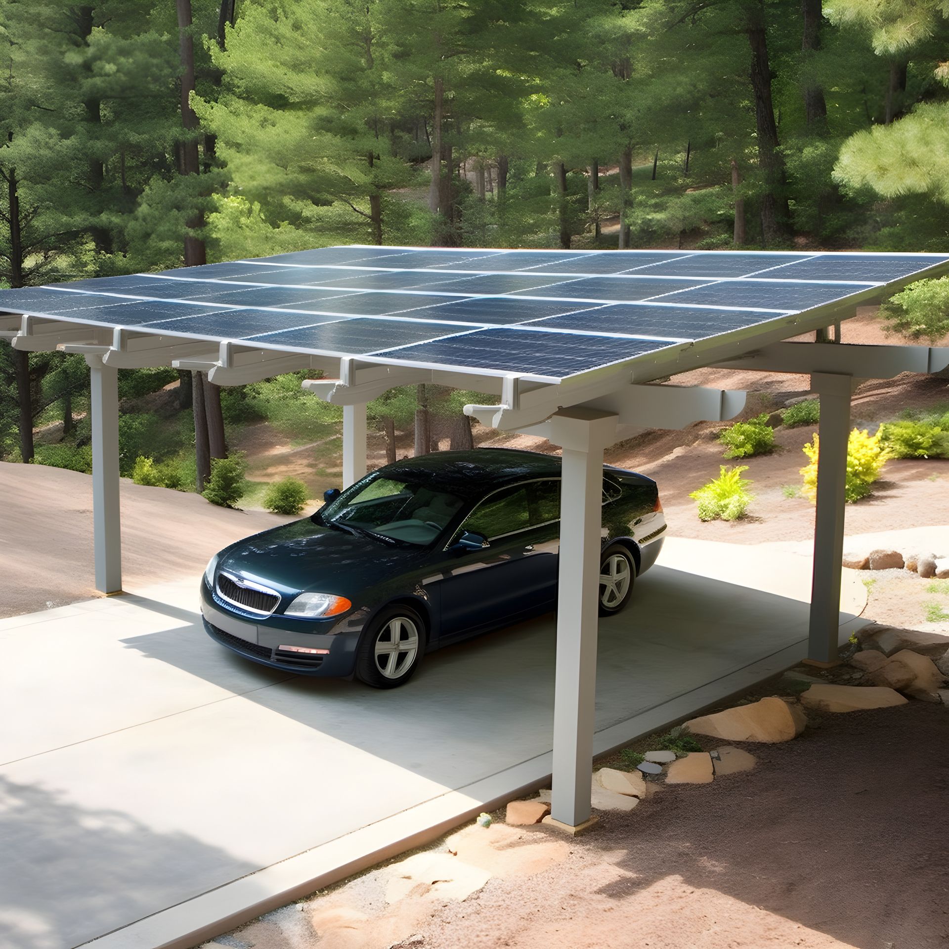 Une voiture sous un carport photovoltaïque