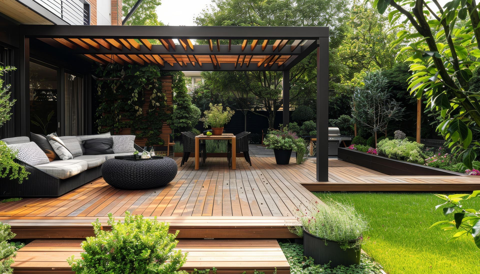 Une pergola sur une terrasse en bois