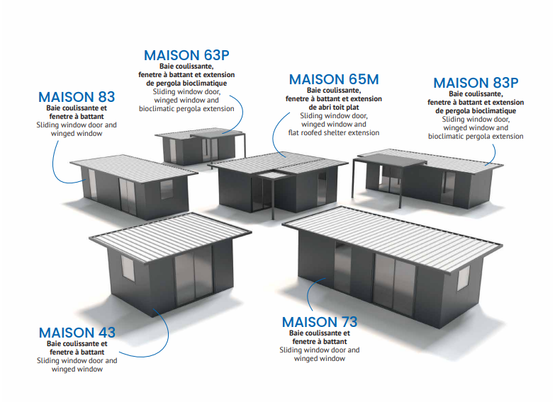 Sept maisons modulaires de styles différents, avec descriptions en français.