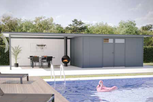Structure extérieure moderne au bord d'une piscine, avec un coin repas, une cheminée et une personne sur une bouée flamant rose.