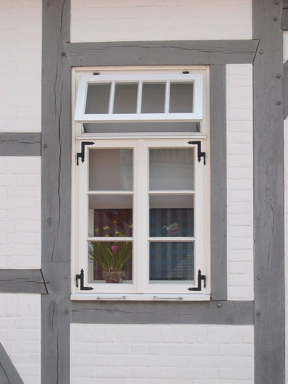 Ein weißes Fenster mit einer Topfpflanze darin