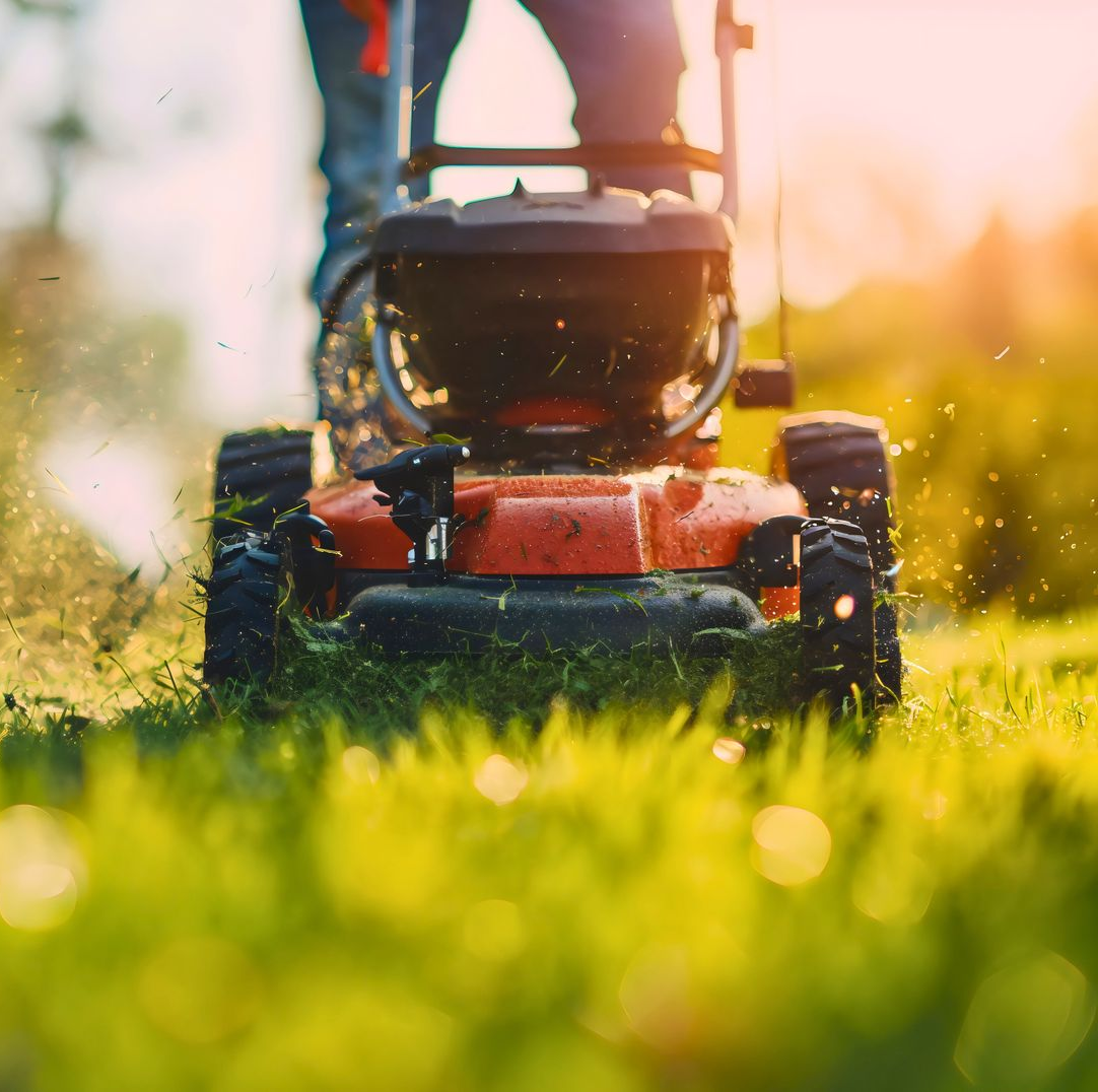 Tondeuse à gazon rouge sur une pelouse ensoleillée avec un jardin en arrière-plan flou.
