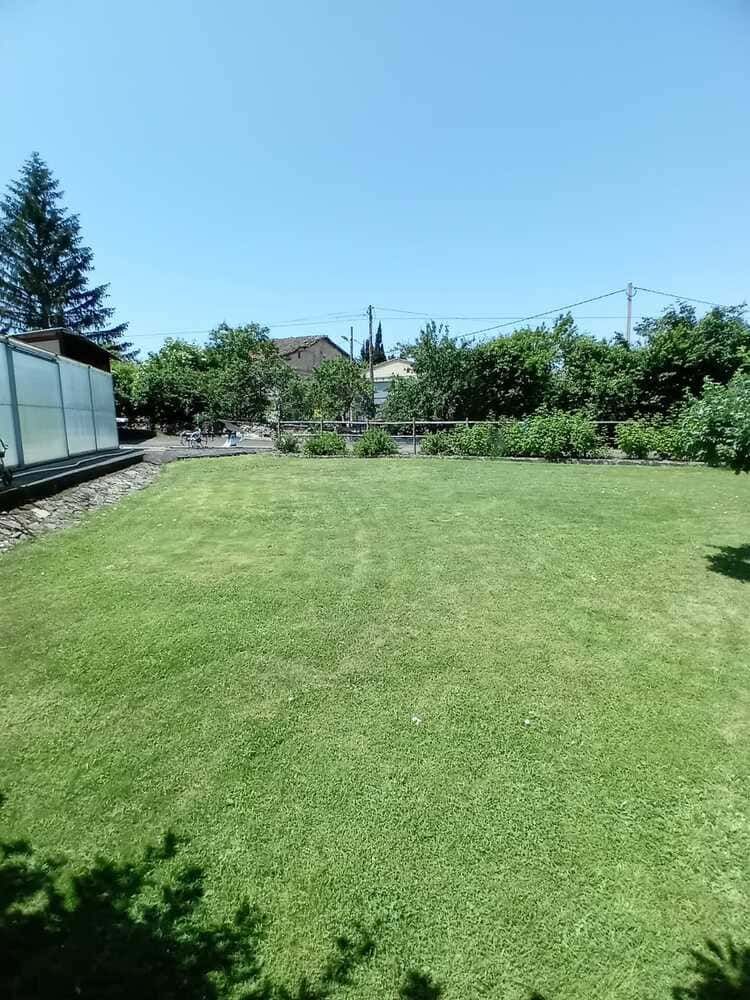 Casa de piedra en una pradera cubierta de hierba y flores silvestres, con suaves colinas verdes al fondo bajo un cielo despejado