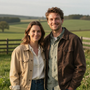 Dos personas sonrientes con chaquetas, de pie junto a una valla en un campo verde bajo una luz tenue