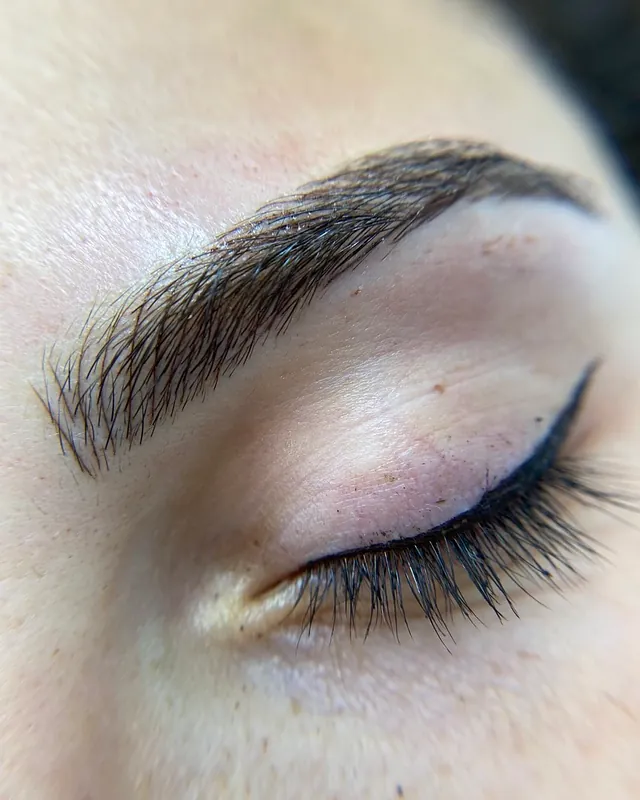 Un primer plano del ojo de una mujer con delineador de ojos y cejas.