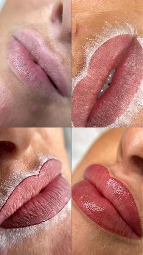 Un collage de cuatro imágenes de labios de una mujer con diferentes tonos de lápiz labial.