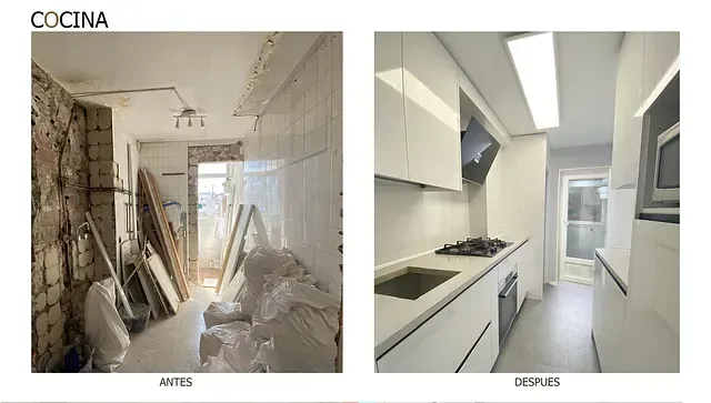 Vista del antes y el después de la remodelación de una cocina. El 